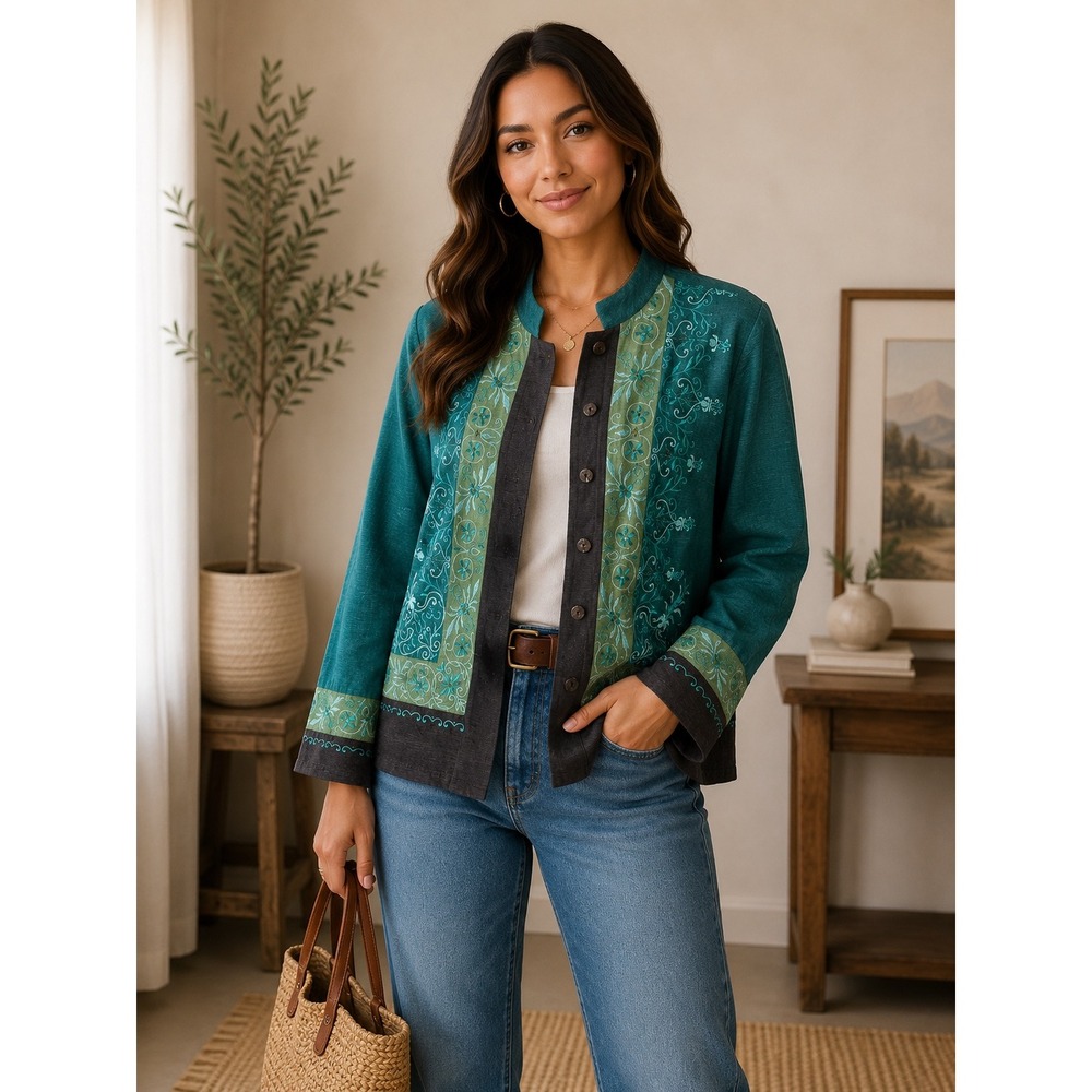 VTG ELCC Women Boho 100% Silk Embroidered Button Front Jacket Size S